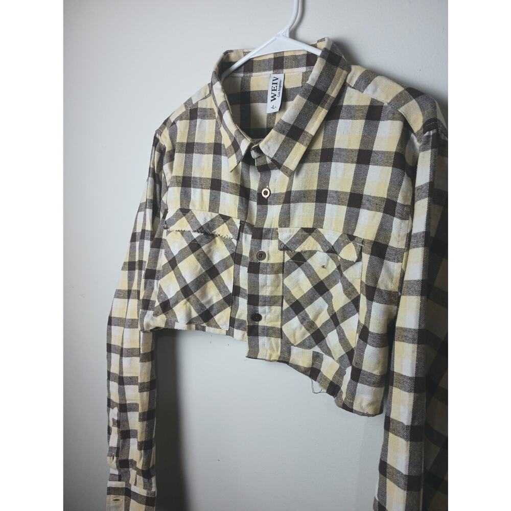 WEIV Cropped Flannel Pocket Plaid Women Size Large Long sleeve Collar - Picture 2 of 4